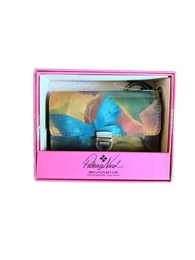 Patricia Nash Painted Floral Leather Key Fob in Teal, Gold and Coral